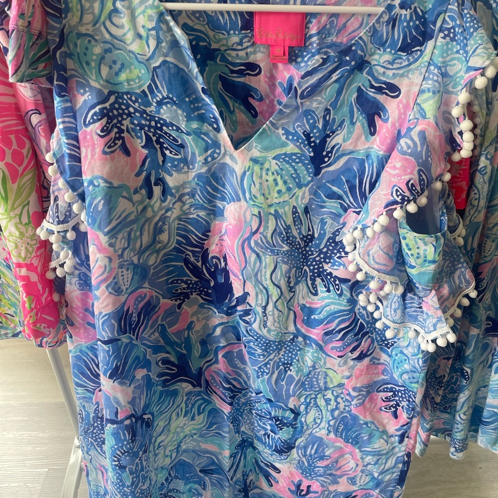 Blue and Pink Floral Dress with Pom-Poms